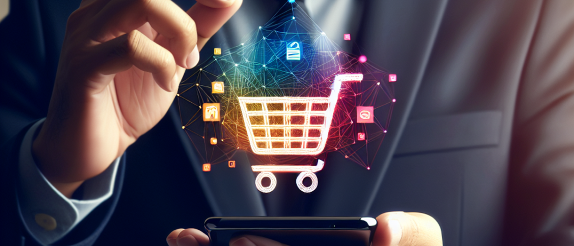 A South Asian man in business casual attire holding a modern smartphone with a shopping cart icon on the screen.