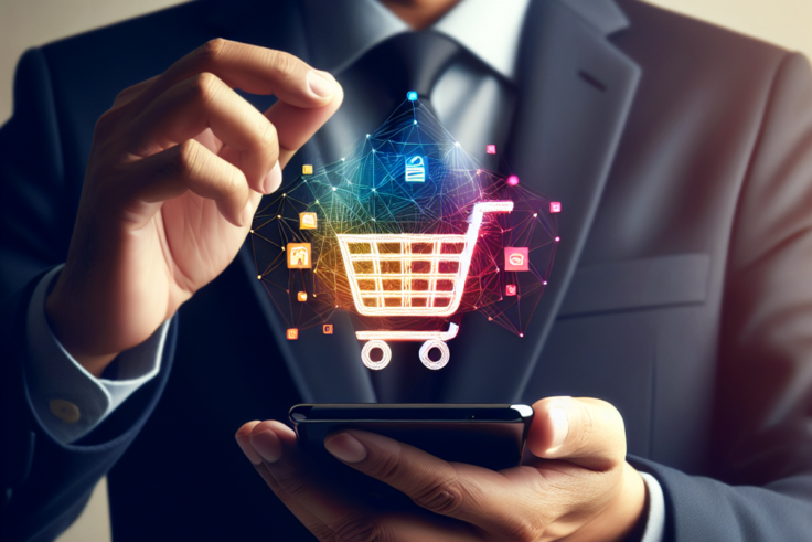 A South Asian man in business casual attire holding a modern smartphone with a shopping cart icon on the screen.