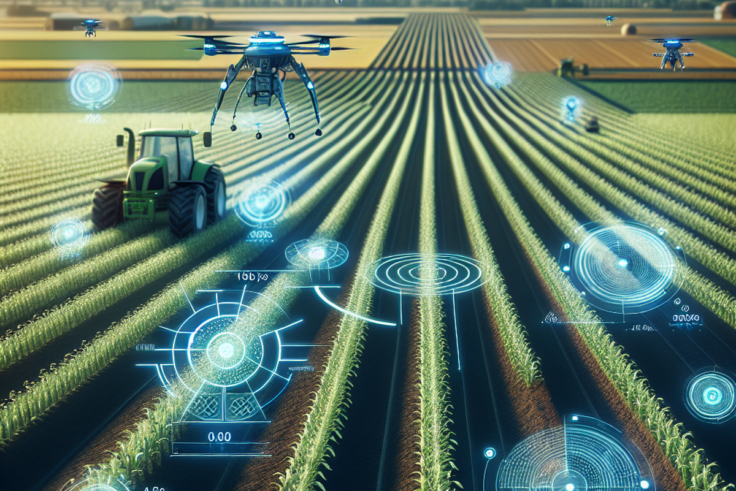 A futuristic agricultural landscape with sensor-integrated crops, monitoring drones, and an autonomous tractor.