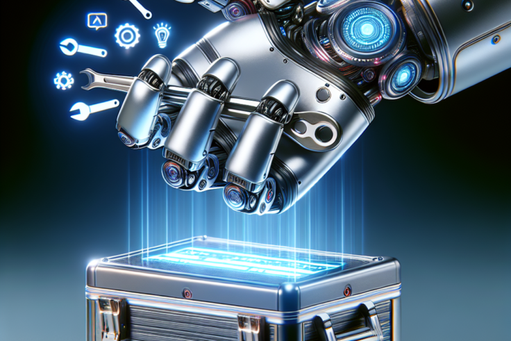 Futuristic robot hand holding holographic toolbox with AI tool icons floating above.