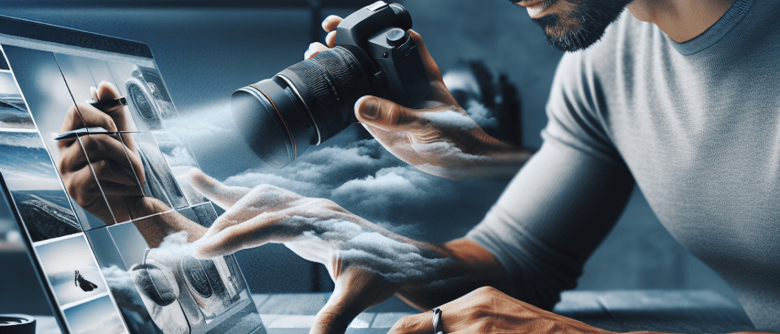 A Hispanic photographer sits at a desk, intently focused on a laptop screen displaying images with semi-transparent watermarks. Surrounding the photog