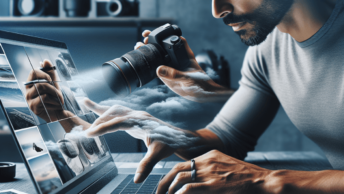 A Hispanic photographer sits at a desk, intently focused on a laptop screen displaying images with semi-transparent watermarks. Surrounding the photog