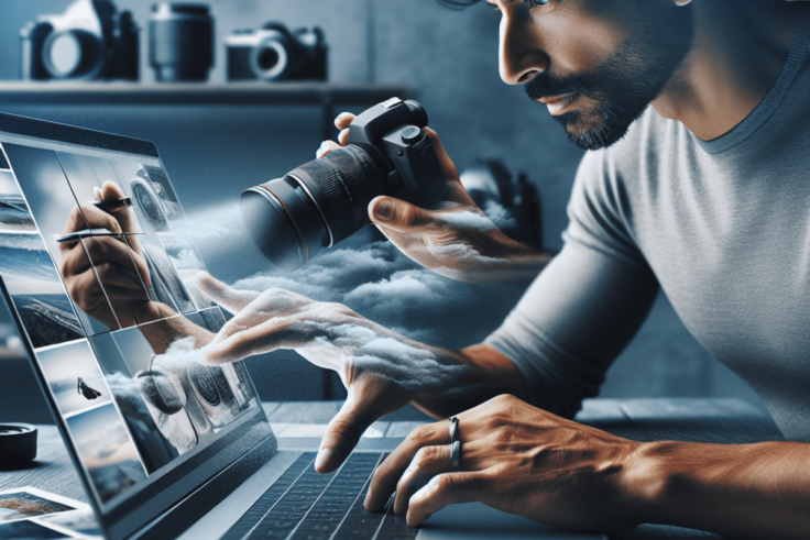 A Hispanic photographer sits at a desk, intently focused on a laptop screen displaying images with semi-transparent watermarks. Surrounding the photog