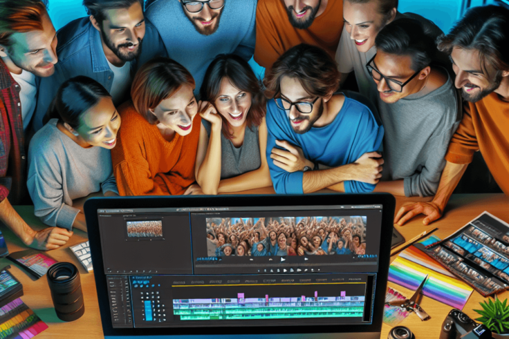 A diverse group of individuals, representing Caucasian, Hispanic, and Asian descents, huddle around a bright computer screen displaying a video editin