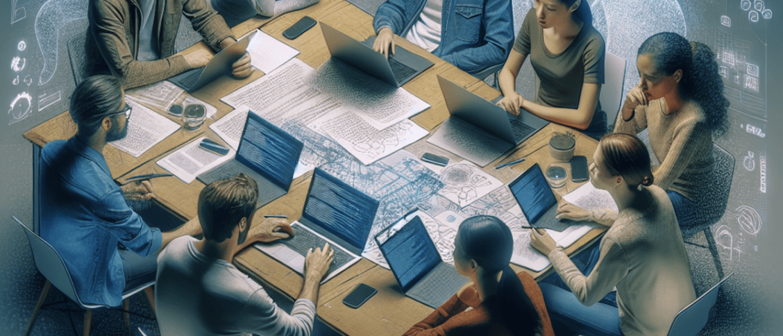 A diverse group of three individuals—a Caucasian male, an Asian female, and a Hispanic male—are gathered around a cluttered table filled with papers a