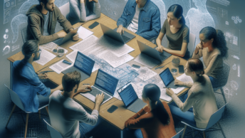 A diverse group of three individuals—a Caucasian male, an Asian female, and a Hispanic male—are gathered around a cluttered table filled with papers a