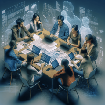 A diverse group of three individuals—a Caucasian male, an Asian female, and a Hispanic male—are gathered around a cluttered table filled with papers a