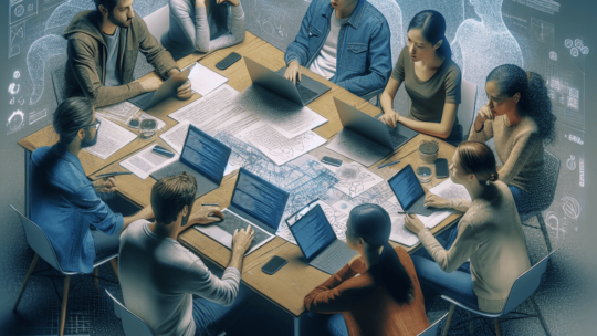 A diverse group of three individuals—a Caucasian male, an Asian female, and a Hispanic male—are gathered around a cluttered table filled with papers a