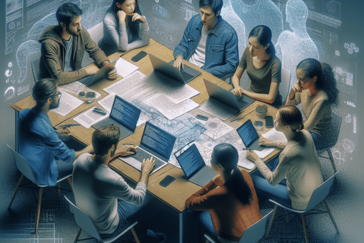 A diverse group of three individuals—a Caucasian male, an Asian female, and a Hispanic male—are gathered around a cluttered table filled with papers a