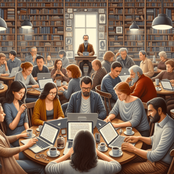 A diverse group of writers, including Caucasian, Hispanic, and Asian individuals, engaged in animated discussions while typing on laptops at a cozy ca