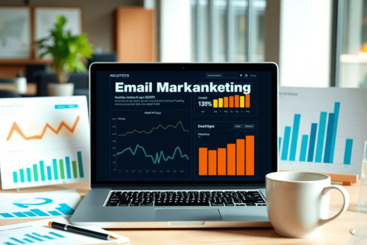 A digital marketing workspace with a laptop showing email analytics, surrounded by charts and graphs, a notepad, and a coffee cup in a modern offic...