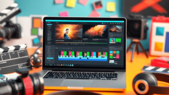 A bright workspace with a laptop showing video editing software, colorful clips, a camera, clapperboard, and headphones, creating an inspiring atmo...