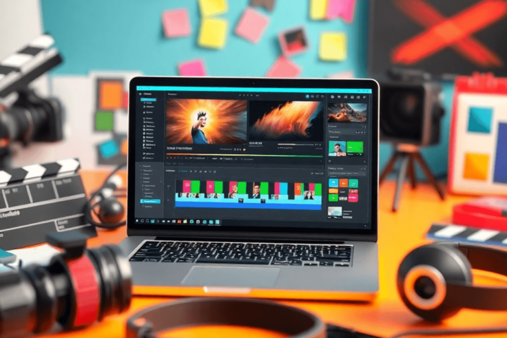 A bright workspace with a laptop showing video editing software, colorful clips, a camera, clapperboard, and headphones, creating an inspiring atmo...
