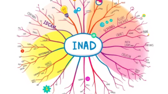 A colorful mind map illustration with a central idea, surrounded by branches and keywords, featuring symbols like light bulbs, gears, and arrows ag...