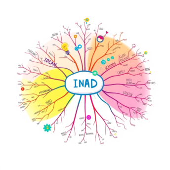 A colorful mind map illustration with a central idea, surrounded by branches and keywords, featuring symbols like light bulbs, gears, and arrows ag...