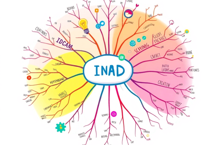 A colorful mind map illustration with a central idea, surrounded by branches and keywords, featuring symbols like light bulbs, gears, and arrows ag...