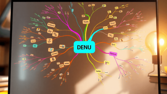 A colorful mind map on a digital platform, showcasing various ideas with bright branches and nodes, set against an inviting background with subtle ...