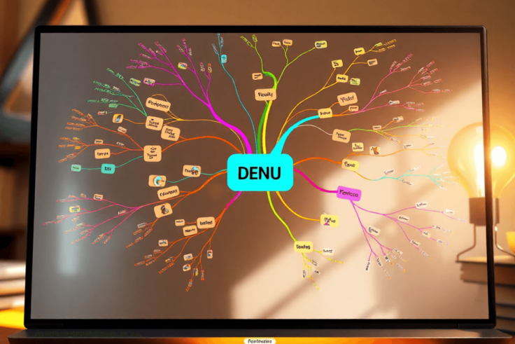 A colorful mind map on a digital platform, showcasing various ideas with bright branches and nodes, set against an inviting background with subtle ...