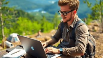 A digital nomad working on a laptop outdoors, surrounded by nature, with a notebook, coffee cup, and smartphone displaying social media icons, evok...