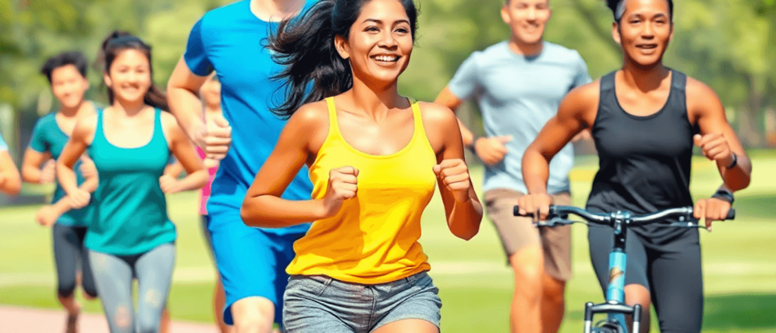 A diverse group of people exercising outdoors in a sunny park, engaged in jogging, yoga, and cycling, embodying vitality and positivity.