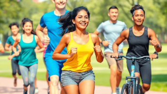 A diverse group of people exercising outdoors in a sunny park, engaged in jogging, yoga, and cycling, embodying vitality and positivity.