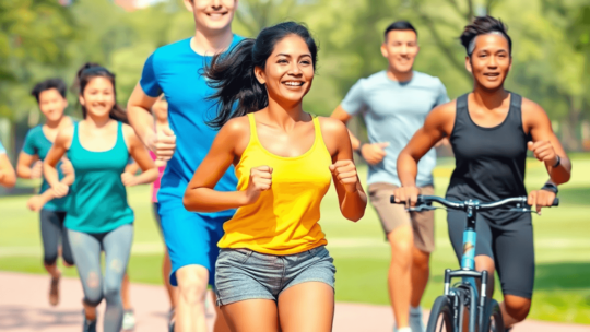 A diverse group of people exercising outdoors in a sunny park, engaged in jogging, yoga, and cycling, embodying vitality and positivity.