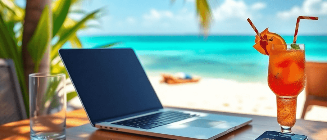 A laptop on a beach table with a tropical drink, notebook, and smartphone, bathed in soft sunlight, showcasing a productive yet relaxing remote wor...