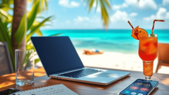 A laptop on a beach table with a tropical drink, notebook, and smartphone, bathed in soft sunlight, showcasing a productive yet relaxing remote wor...