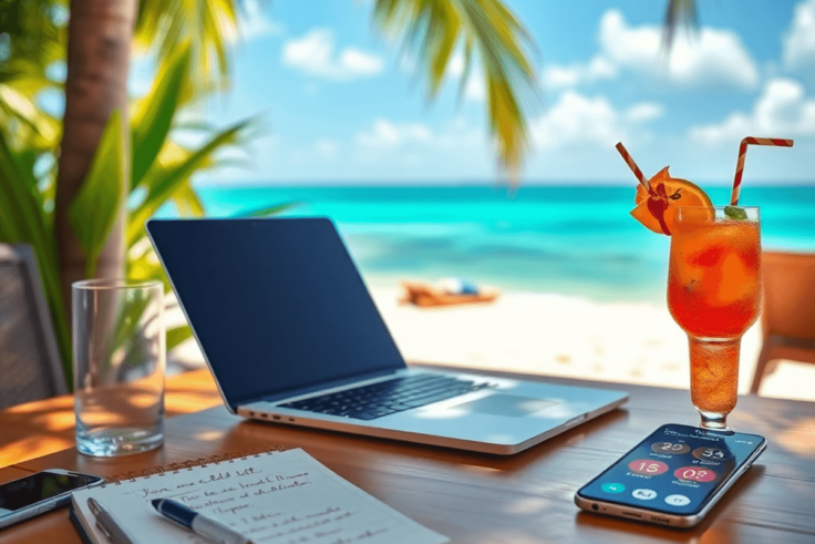 A laptop on a beach table with a tropical drink, notebook, and smartphone, bathed in soft sunlight, showcasing a productive yet relaxing remote wor...