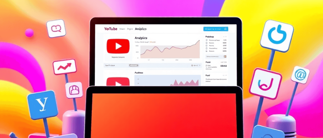 A laptop showing YouTube analytics surrounded by colorful icons of digital marketing tools, set against a vibrant background symbolizing growth and...