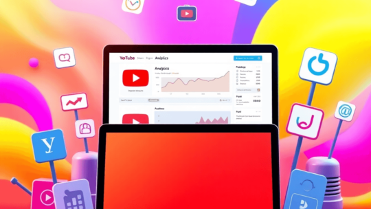 A laptop showing YouTube analytics surrounded by colorful icons of digital marketing tools, set against a vibrant background symbolizing growth and...