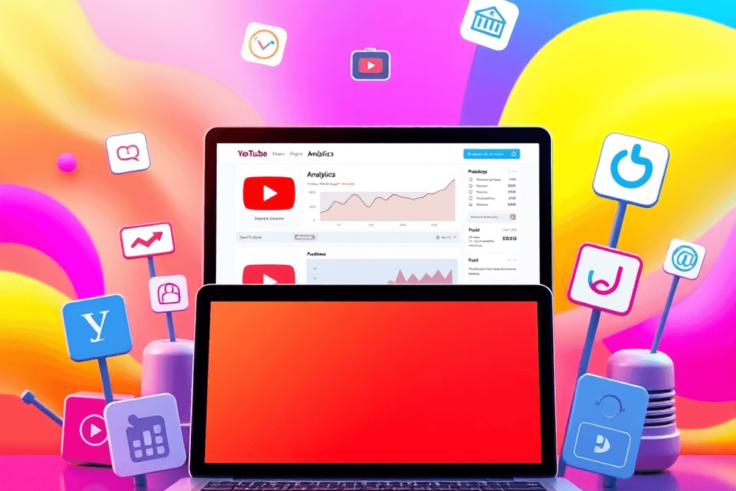 A laptop showing YouTube analytics surrounded by colorful icons of digital marketing tools, set against a vibrant background symbolizing growth and...