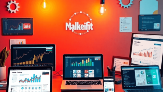 A modern digital workspace with laptops, tablets, and smartphones showing analytics and social media, surrounded by lightbulbs and gears symbolizin...