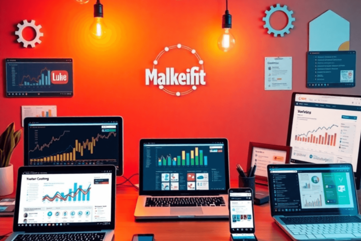 A modern digital workspace with laptops, tablets, and smartphones showing analytics and social media, surrounded by lightbulbs and gears symbolizin...