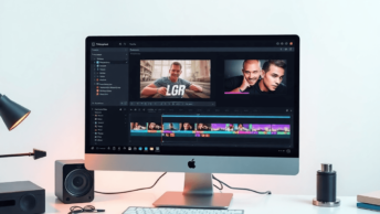 A modern video editing workspace with a computer showing a video timeline, editing software icons, and tools on a clean, bright desk.