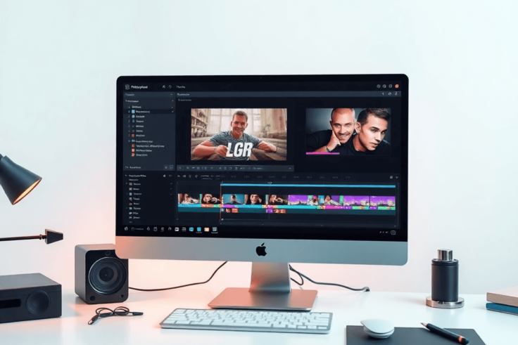 A modern video editing workspace with a computer showing a video timeline, editing software icons, and tools on a clean, bright desk.