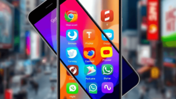 A smartphone screen shows various mobile browser icons, with a blurred cityscape in the background, symbolizing modern digital connectivity and mob...