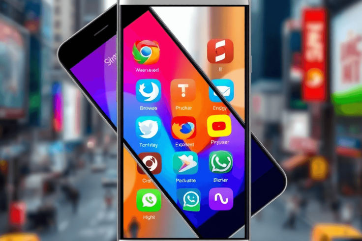 A smartphone screen shows various mobile browser icons, with a blurred cityscape in the background, symbolizing modern digital connectivity and mob...