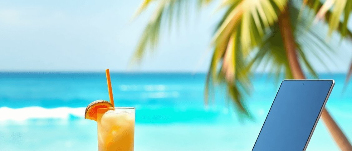 A tropical beach scene with a laptop on a table, coconut water nearby, clear blue skies, gentle waves, and colorful art supplies, symbolizing remot...