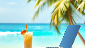 A tropical beach scene with a laptop on a table, coconut water nearby, clear blue skies, gentle waves, and colorful art supplies, symbolizing remot...