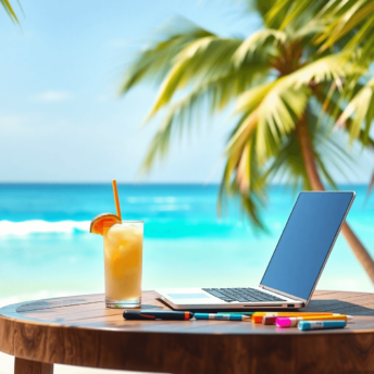 A tropical beach scene with a laptop on a table, coconut water nearby, clear blue skies, gentle waves, and colorful art supplies, symbolizing remot...