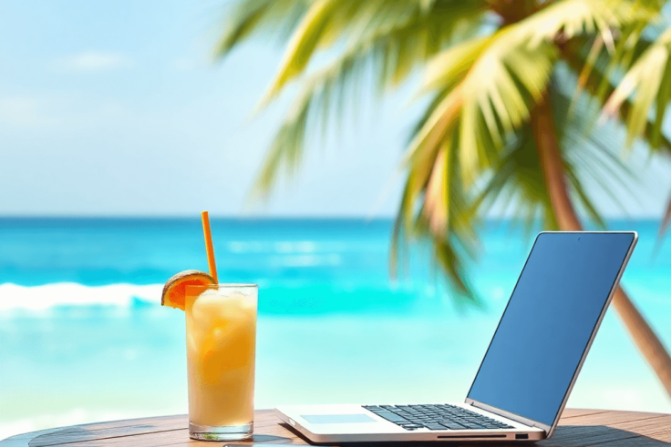 A tropical beach scene with a laptop on a table, coconut water nearby, clear blue skies, gentle waves, and colorful art supplies, symbolizing remot...