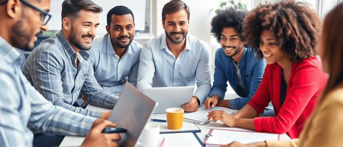 A vibrant group of entrepreneurs brainstorming around laptops and notebooks in a bright, inspiring setting, showcasing collaboration and productivity.