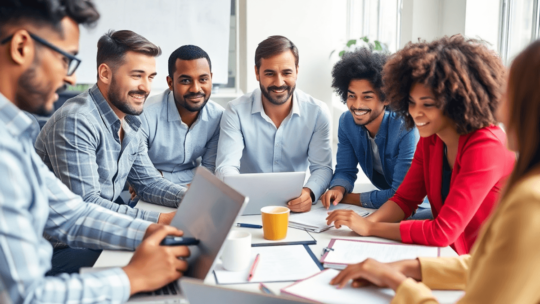 A vibrant group of entrepreneurs brainstorming around laptops and notebooks in a bright, inspiring setting, showcasing collaboration and productivity.