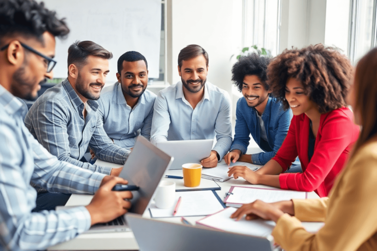 A vibrant group of entrepreneurs brainstorming around laptops and notebooks in a bright, inspiring setting, showcasing collaboration and productivity.