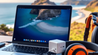 A vibrant workspace with a laptop, charger, travel adapter, and headphones, set against a scenic beach or mountain view, capturing the essence of a...