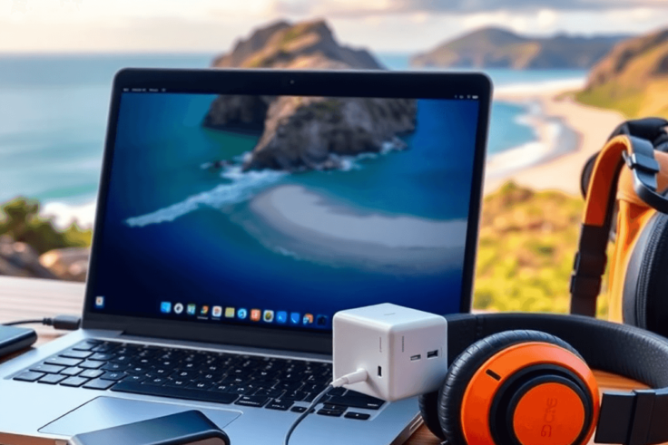 A vibrant workspace with a laptop, charger, travel adapter, and headphones, set against a scenic beach or mountain view, capturing the essence of a...