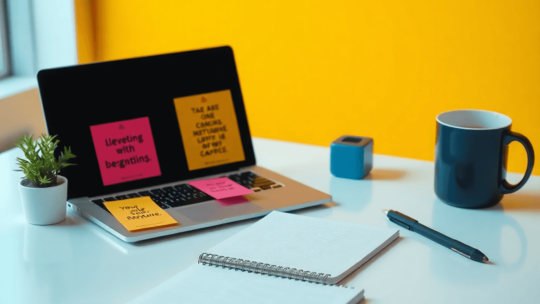 A clean modern workspace with a laptop, notepad, sticky notes with motivational quotes, a small plant, and a coffee cup, set against a bright and i...