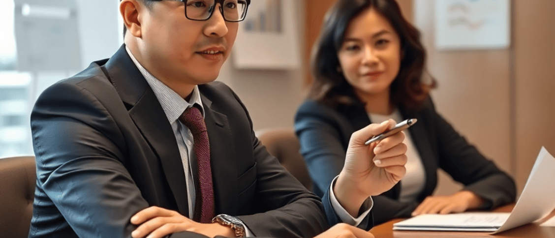 A confident business person seated at a negotiation table with a notepad and pen, focused on the other party in a professional office setting, surr...