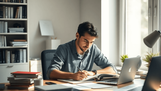 A focused individual at a desk surrounded by books and a laptop, bathed in soft natural light, creating a serene and productive workspace.
